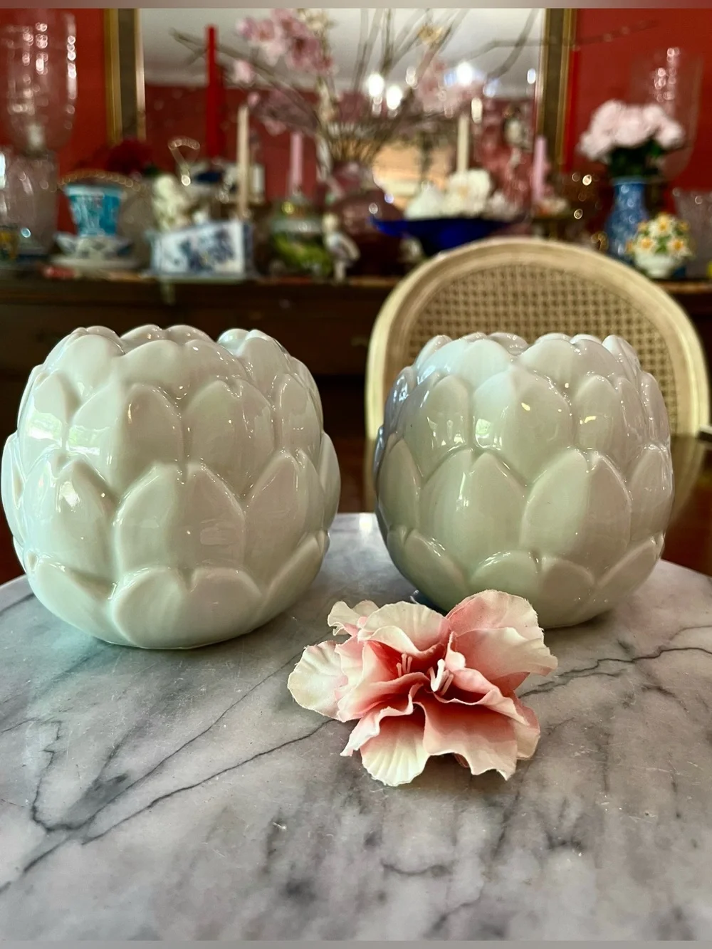 Pair Celadon Green Ceramic Artichoke Taper Candle Holders & Candles -VTG Style